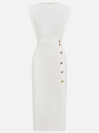 Off White Button Slit Crew Neck Sheath Midi Dress
