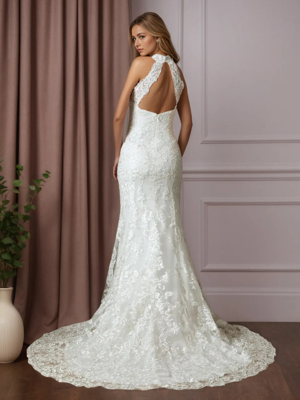 Abito da sposa bianco a tromba/sirena in pizzo plissettato