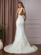 Abito da sposa bianco a tromba/sirena in pizzo plissettato