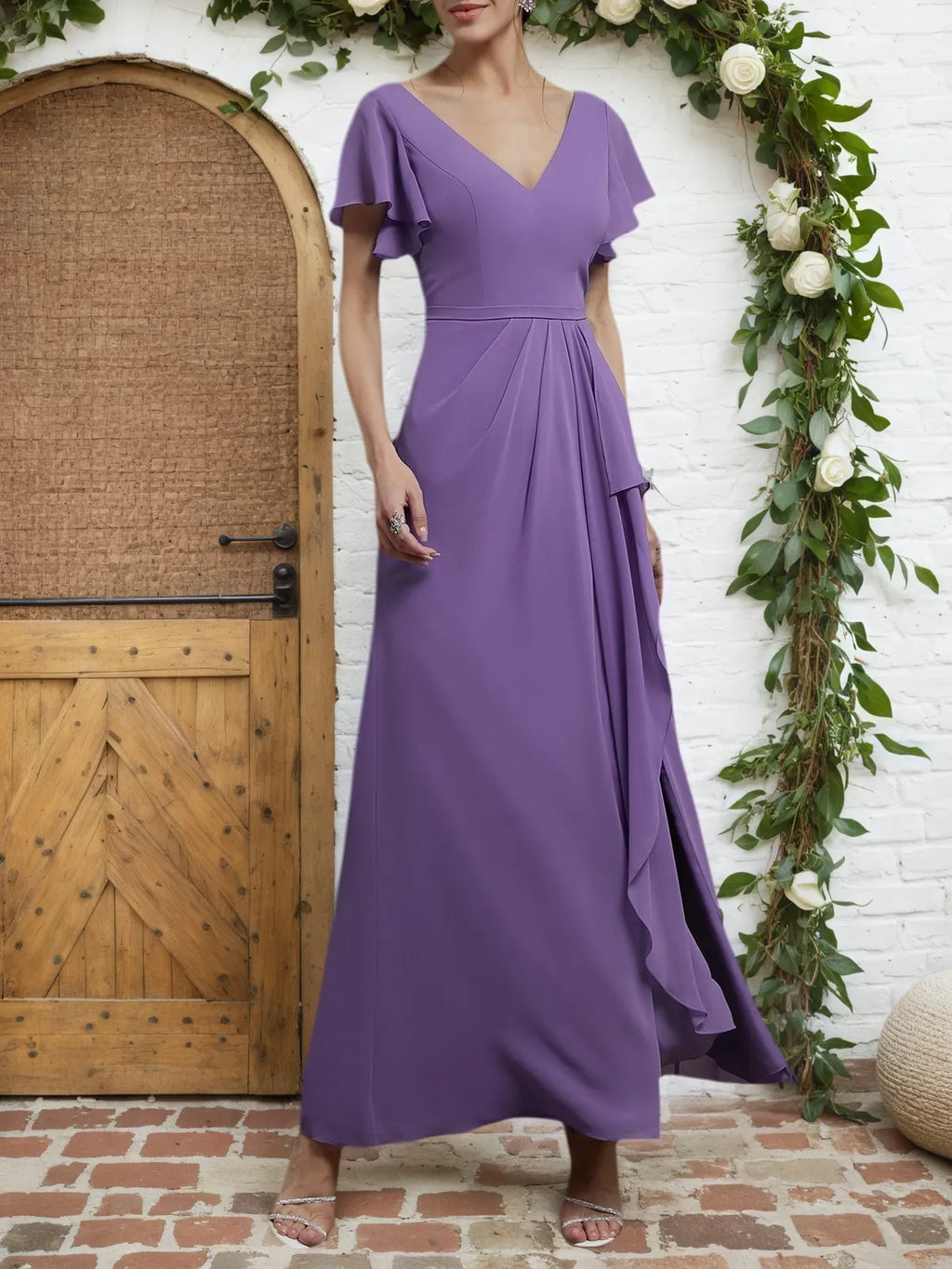 Lila gerafftes V-Ausschnitt Kleid mit Rüschenärmeln, A-Linie, Maxi Chiffon Brautjungfernkleid