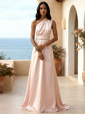 One Shoulder Pleat Satin A Line Evening Dresses with Beads