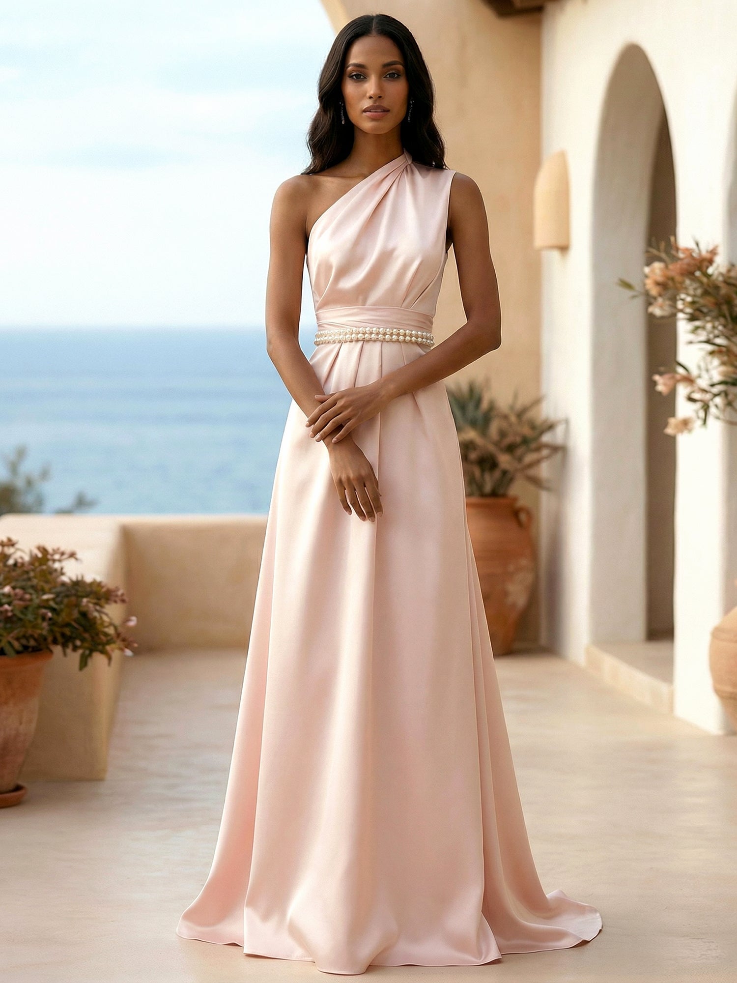 One Shoulder Pleat Satin A Line Evening Dresses with Beads