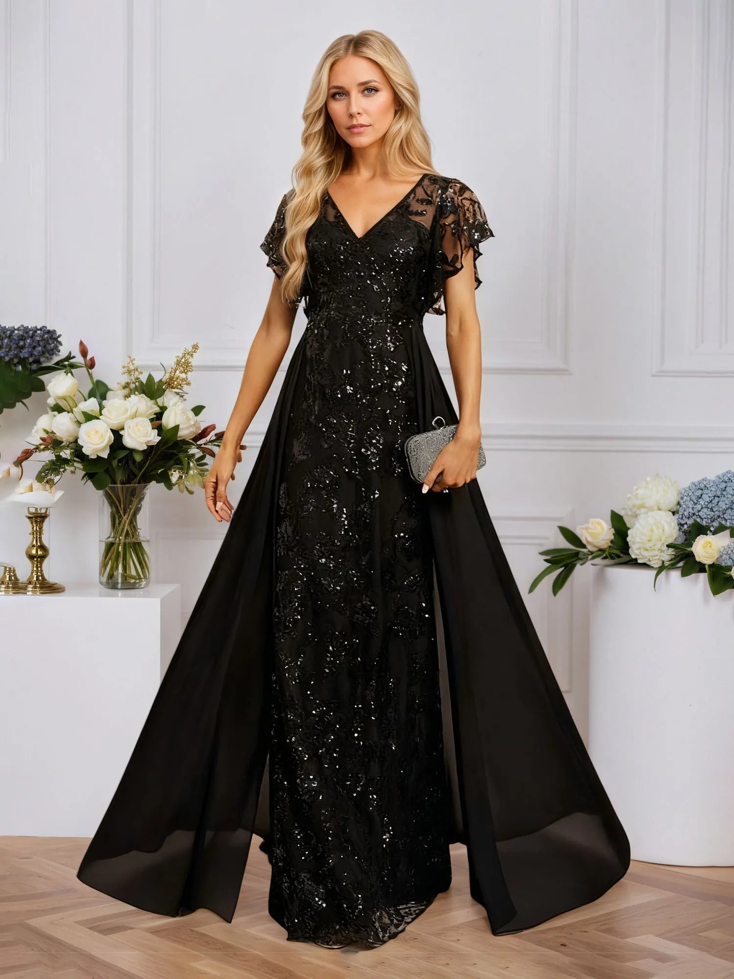 Sheath/Column Illusion V-Neck Floor-Length Sequin Chiffon Lace Evening Dress With Overskirt