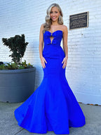 Vestido de Festa Sereia Royal Blue em Cetim, Decote Coração, Longo, com Laço