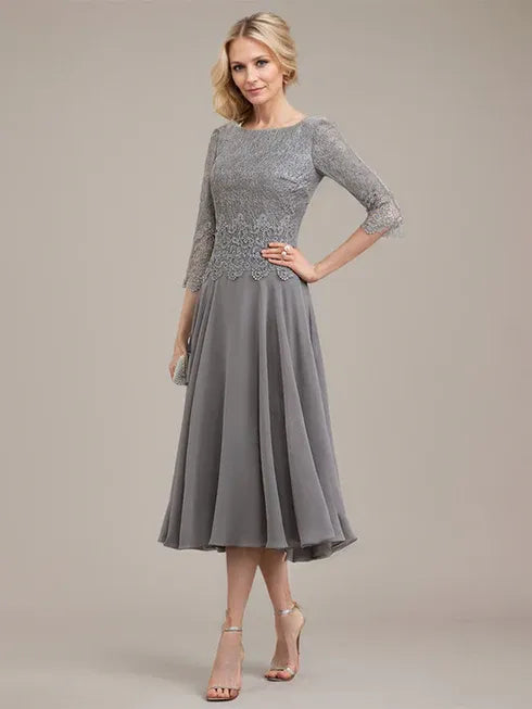 A-line Scoop Tea-Length Lace Chiffon Mother of the Bride Dress