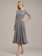 A-line Scoop Tea-Length Lace Chiffon Mother of the Bride Dress