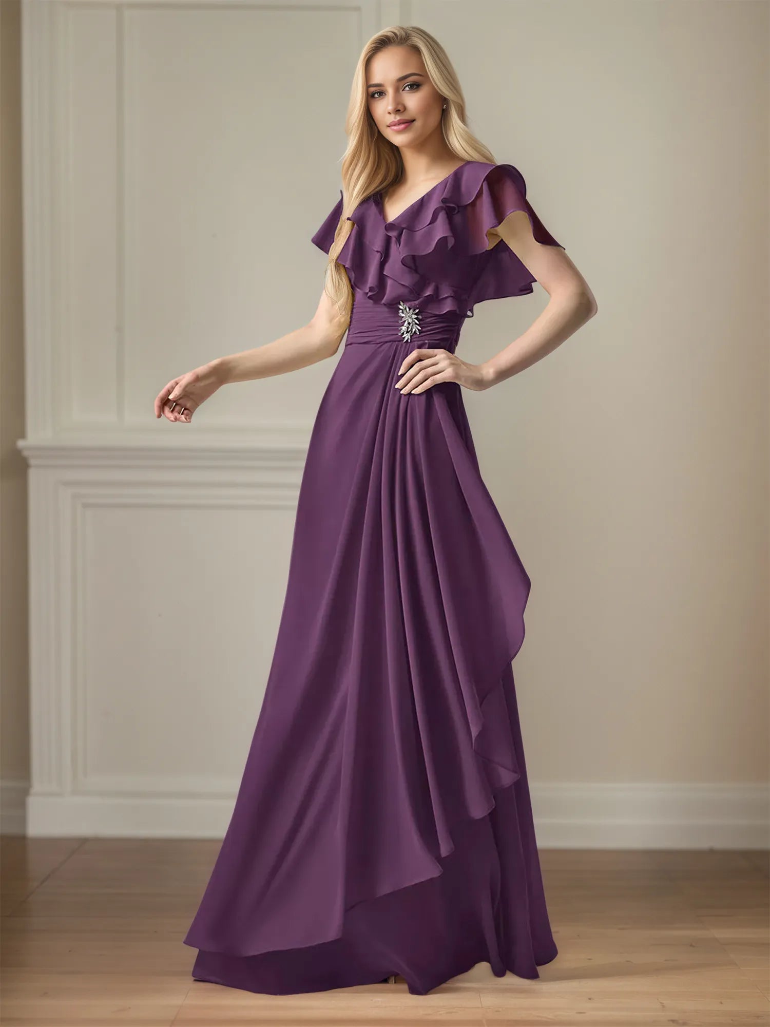 A Line Chiffon V Neck Ruffles Floor Length Mother of the Bride Dress
