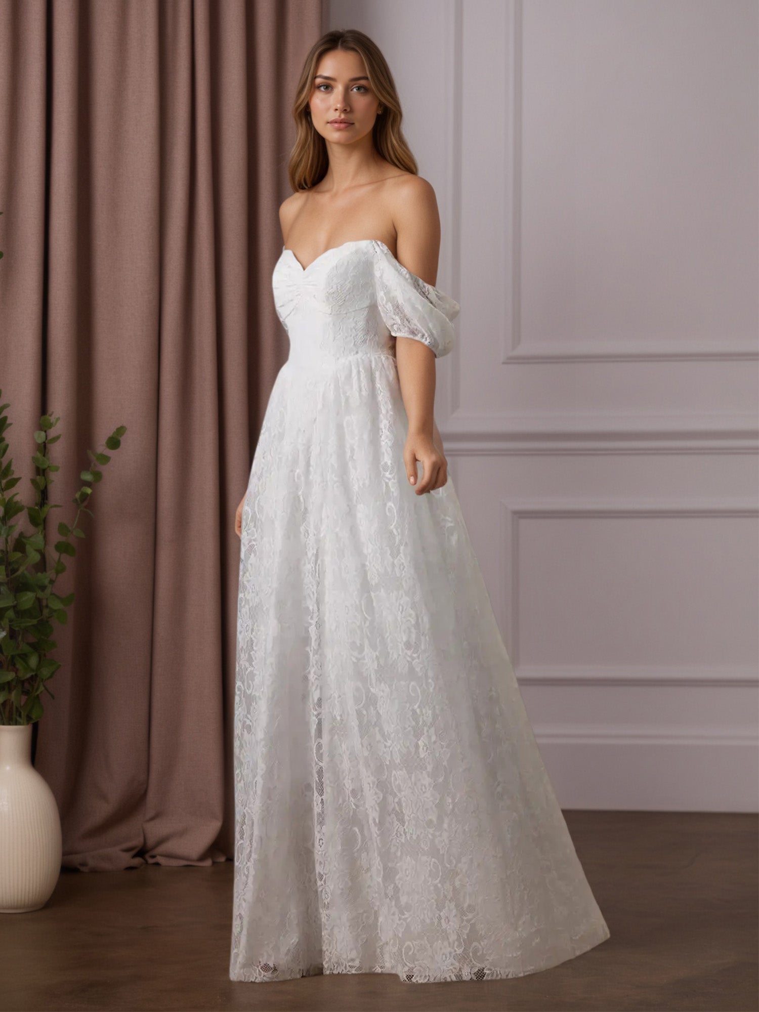 Abito da sposa bianco a linea ad A con scollo a cuore e pizzo