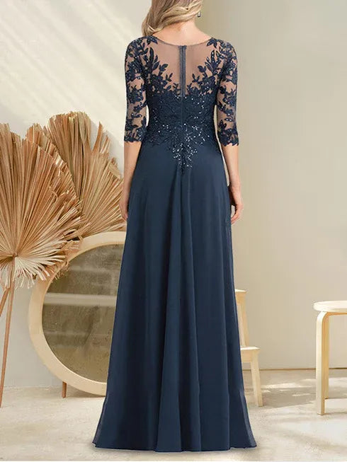 A-Linien V-Ausschnitt Bodenlanges Spitzen-Chiffon Kleid für die Brautmutter mit Pailletten