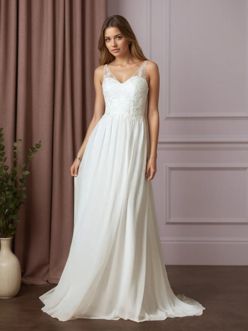 Vestido de novia blanco en línea A de gasa con lentejuelas
