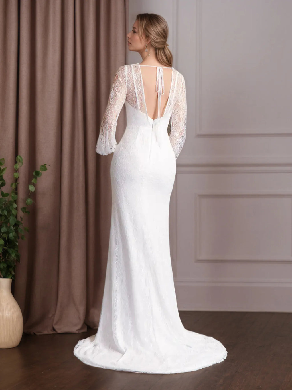 Vestido de novia blanco sirena con escote redondo y encaje