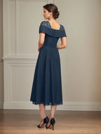 A-Linie Quadratischer Ausschnitt Tee-Länge Chiffon Brautmutterkleid mit Plissierten Pailletten