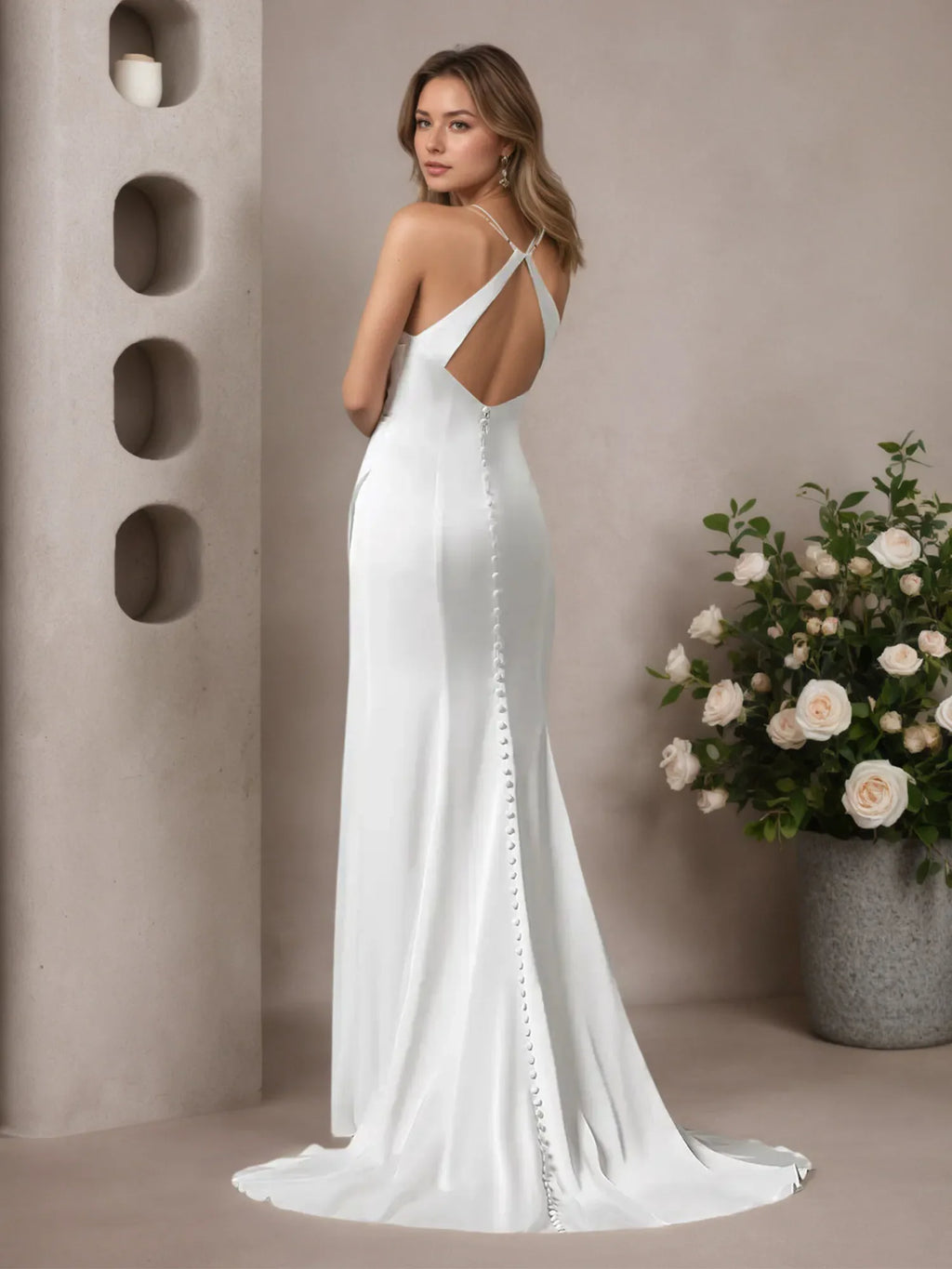 Vestido de novia sirena blanco con escote en V y satén elástico