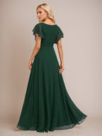 Dunkelgrünes A-Linien Chiffon Brautjungfernkleid mit V-Ausschnitt, bodenlang und Rüschen