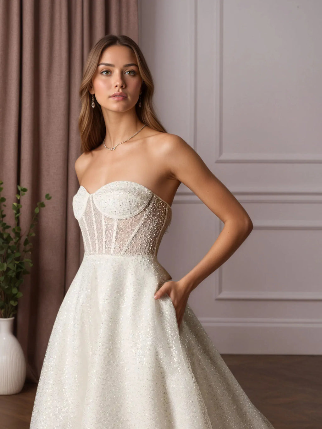 Vestido de novia blanco en línea A sin tirantes con cuentas