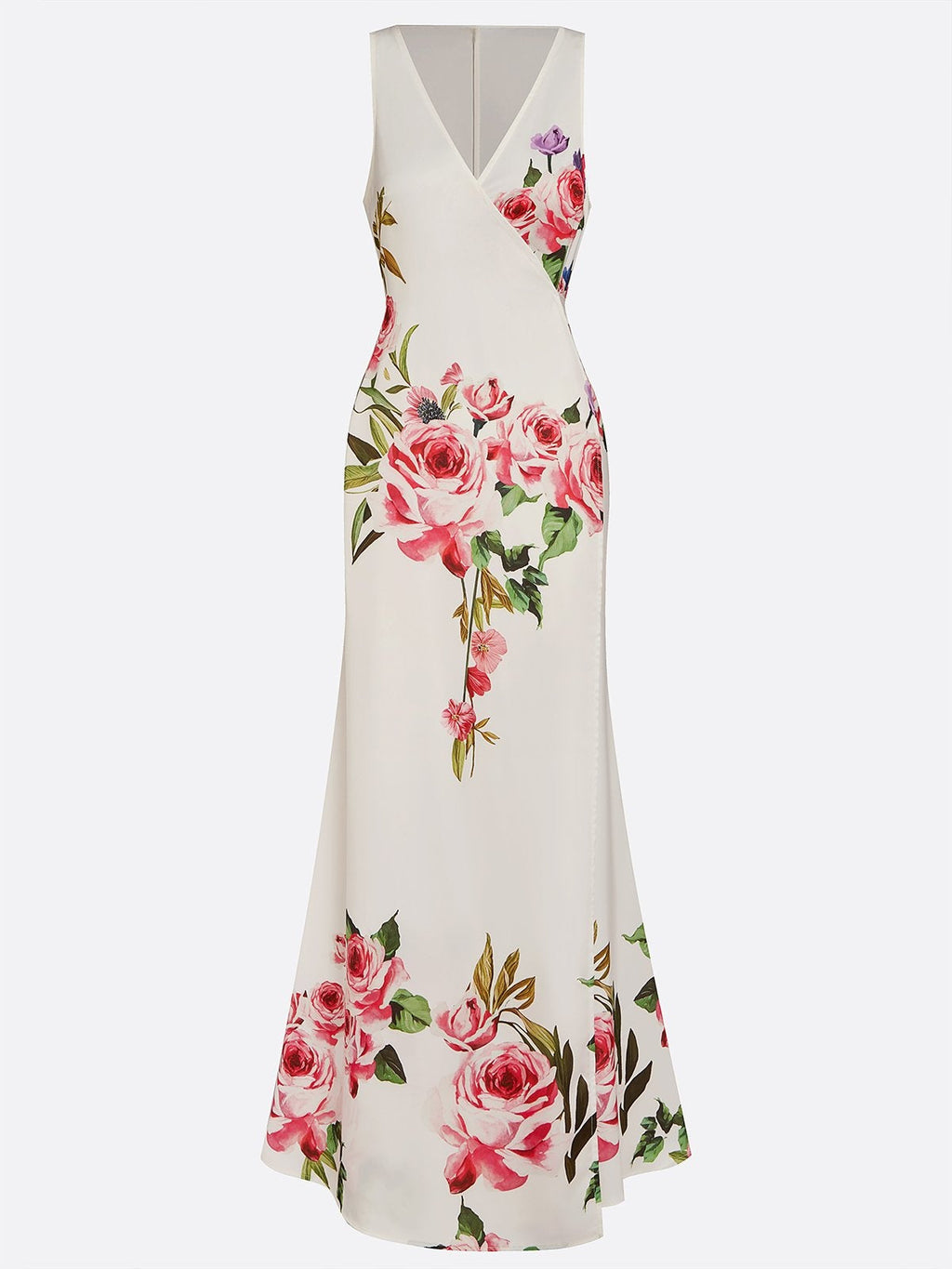 Vestido rosa com estampa floral, decote em V cruzado, sem mangas, estilo sereia