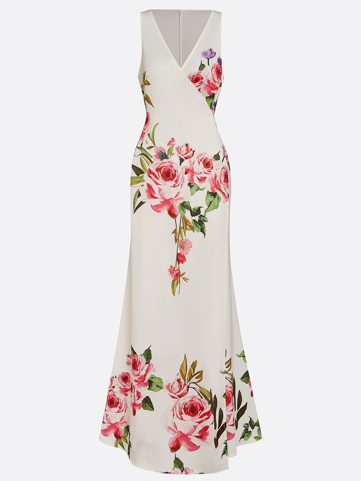 Vestido rosa com estampa floral, decote em V cruzado, sem mangas, estilo sereia