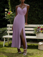 Hellviolettes Chiffon Spaghetti-Träger A-Linien Maxikleid für Brautjungfern