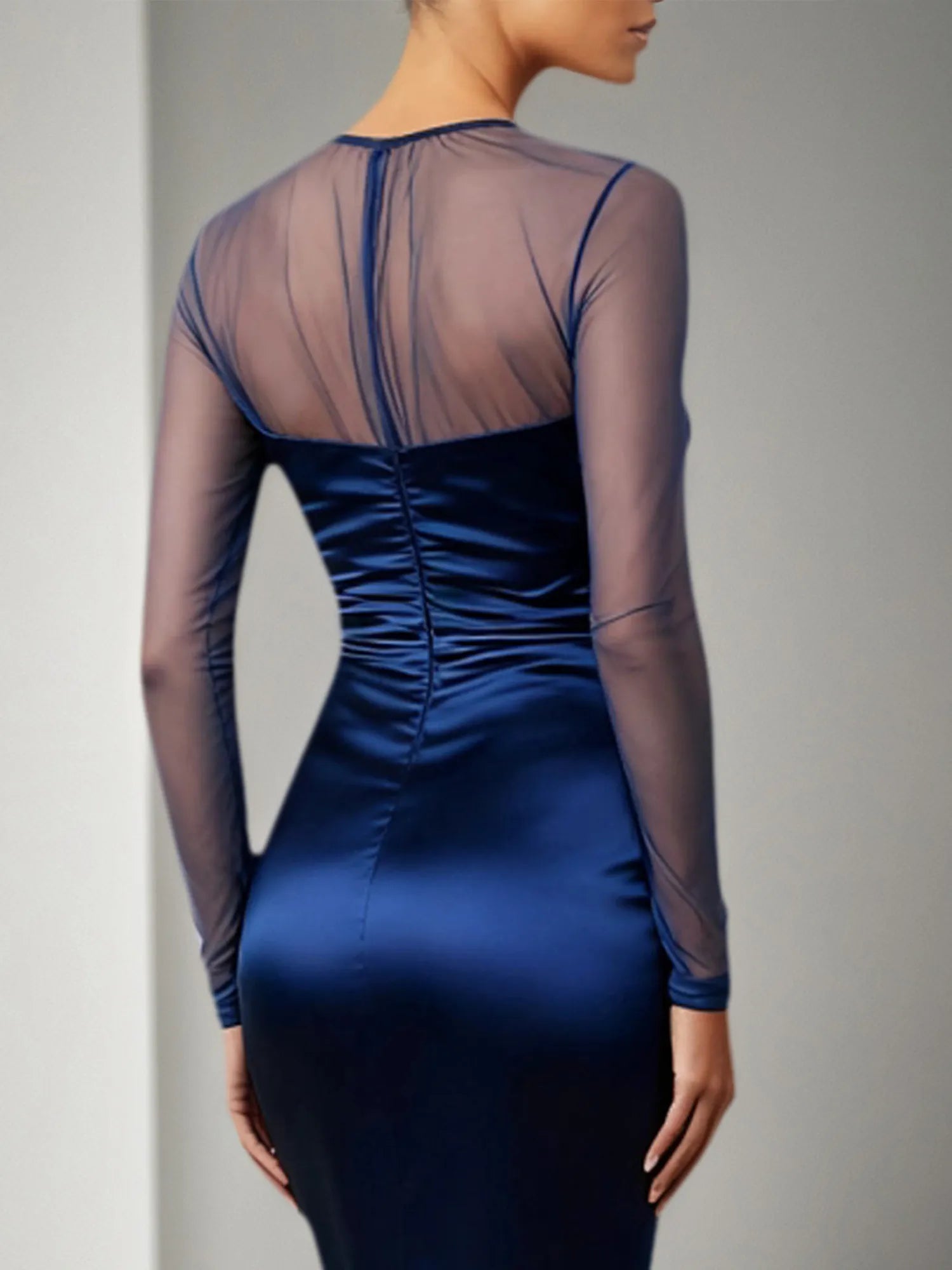 Marineblaues formelles Meerjungfrau Kleid mit transparenten Ärmeln Satin Maxikleid