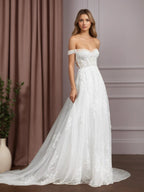 Vestido de novia blanco línea A con lentejuelas y tul