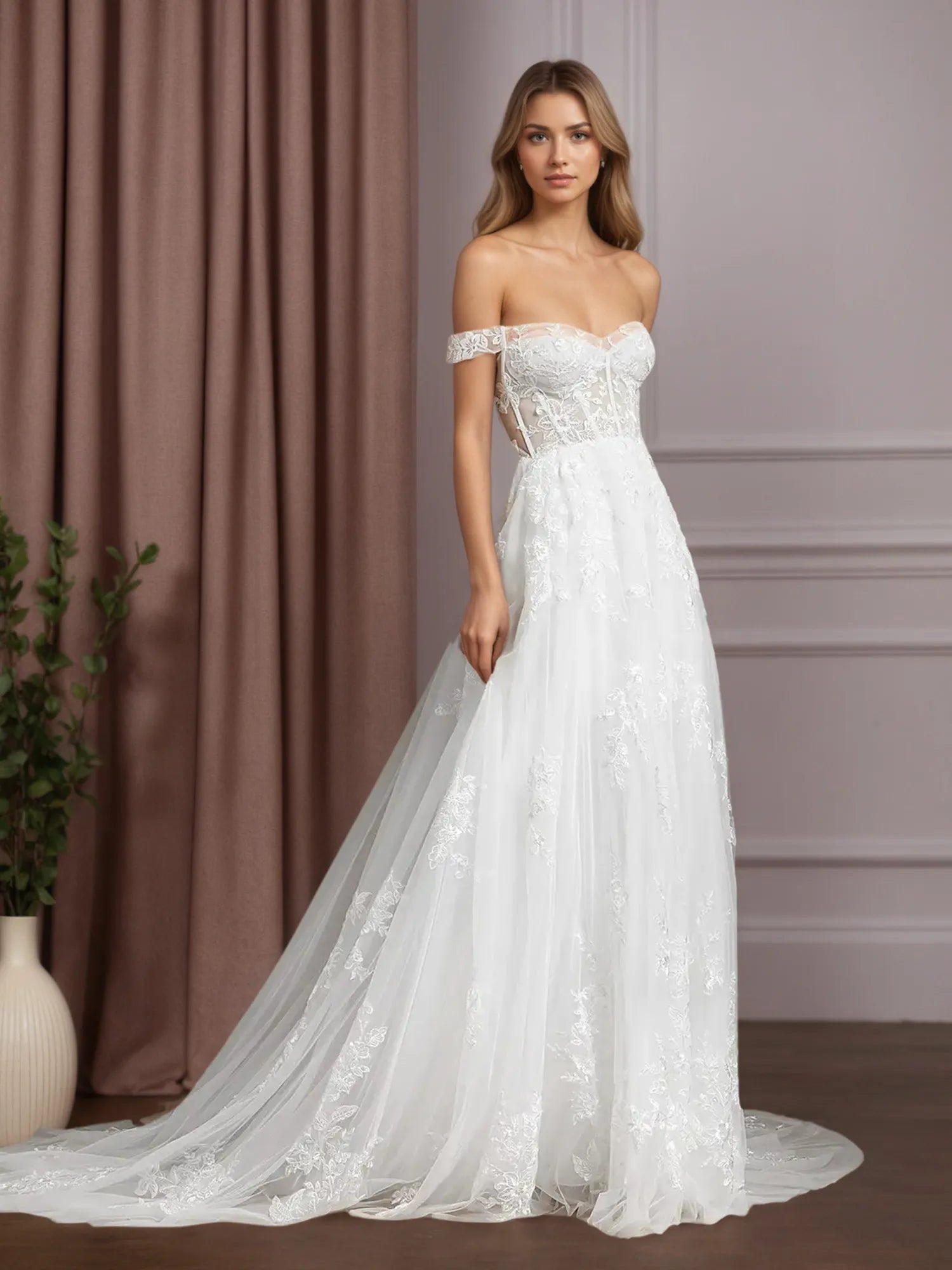Vestido de novia blanco línea A con lentejuelas y tul