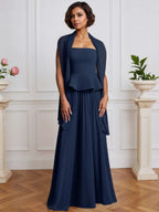 A-Linien Kleid, schulterfrei, ärmellos, plissiert aus Chiffon mit fallenden Rüschen