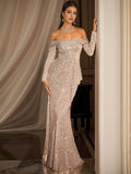 Off-Shoulder Long Sleeve Sequin Ruffled Mermaid Maxi Gown Formal Evening Dress