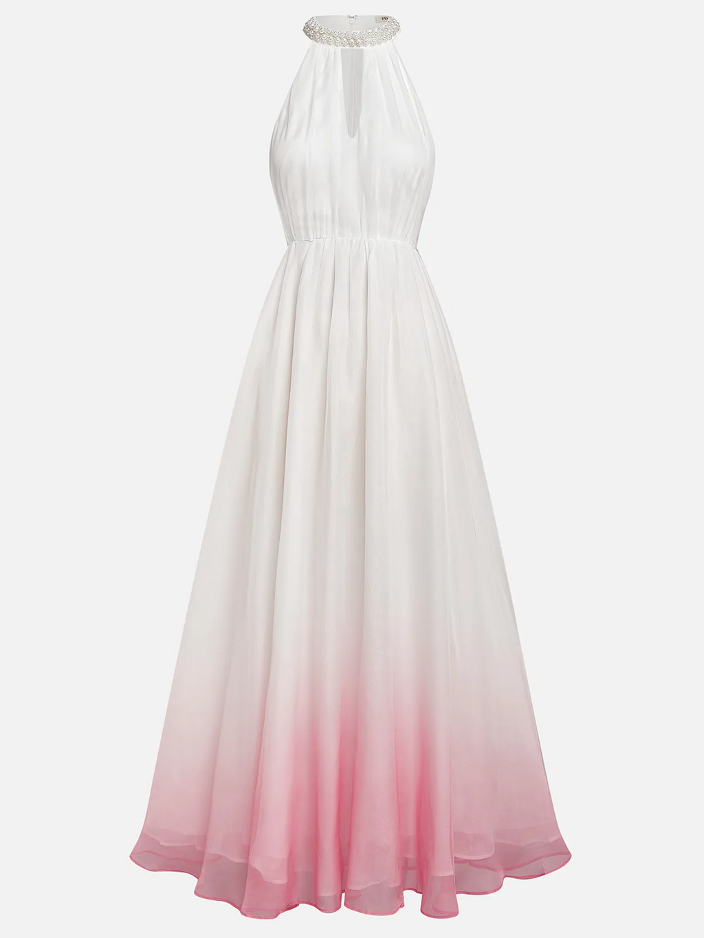 Vestido longo rosa evasê em chiffon com decote halter, efeito ombré, pérolas, recorte e gola alta falsa