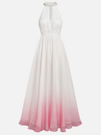 Vestido longo rosa evasê em chiffon com decote halter, efeito ombré, pérolas, recorte e gola alta falsa