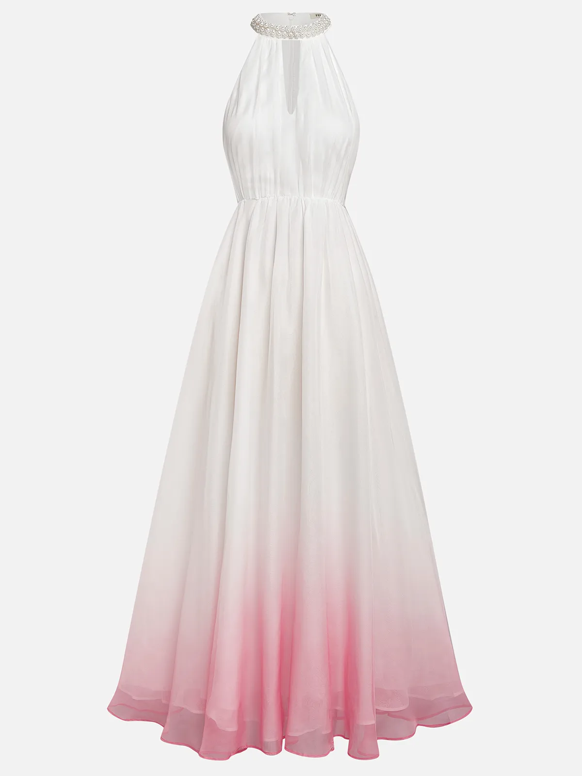 Vestido longo rosa evasê em chiffon com decote halter, efeito ombré, pérolas, recorte e gola alta falsa