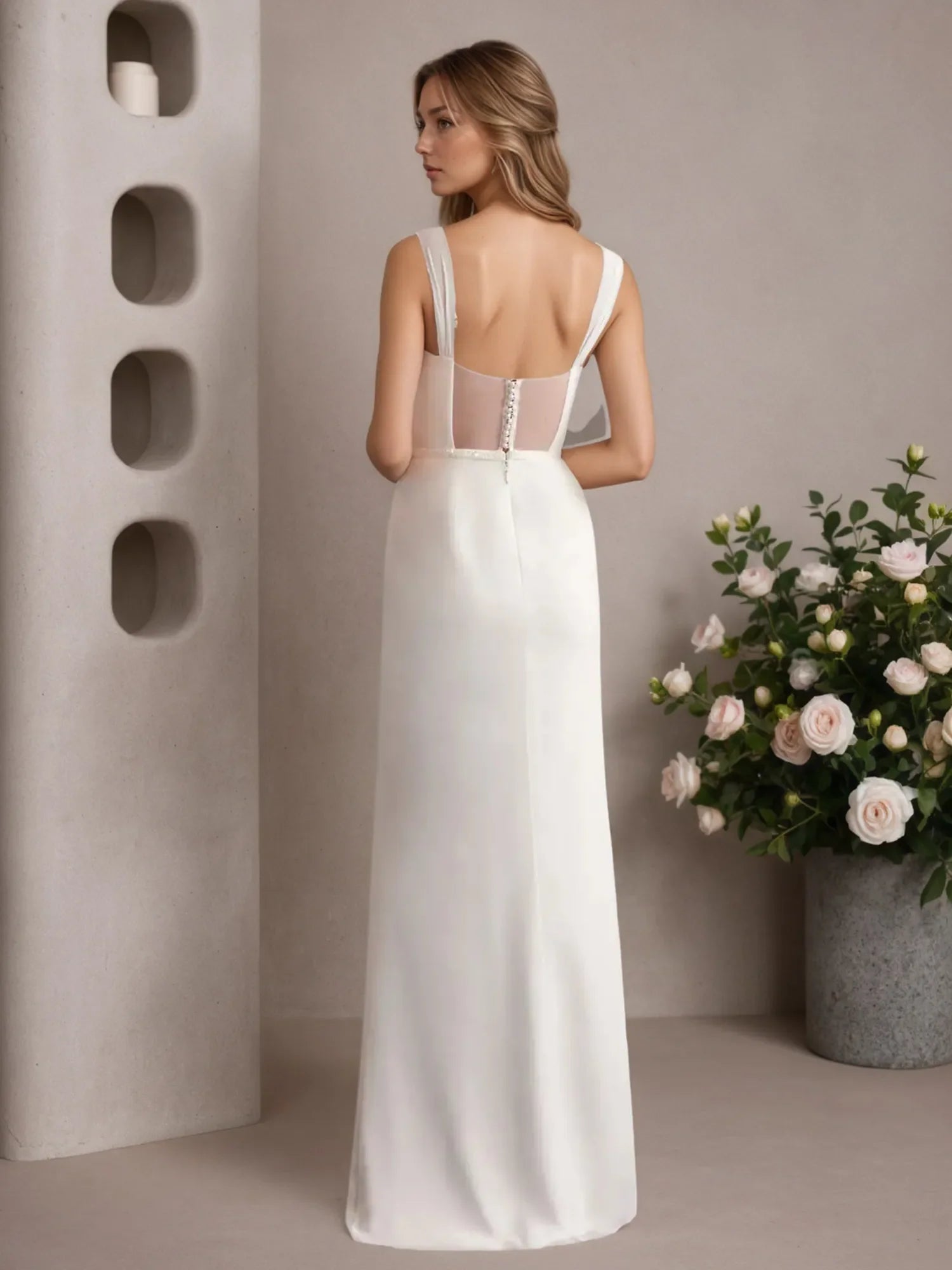 Vestido de novia de gasa blanco, corte recto y escote en V