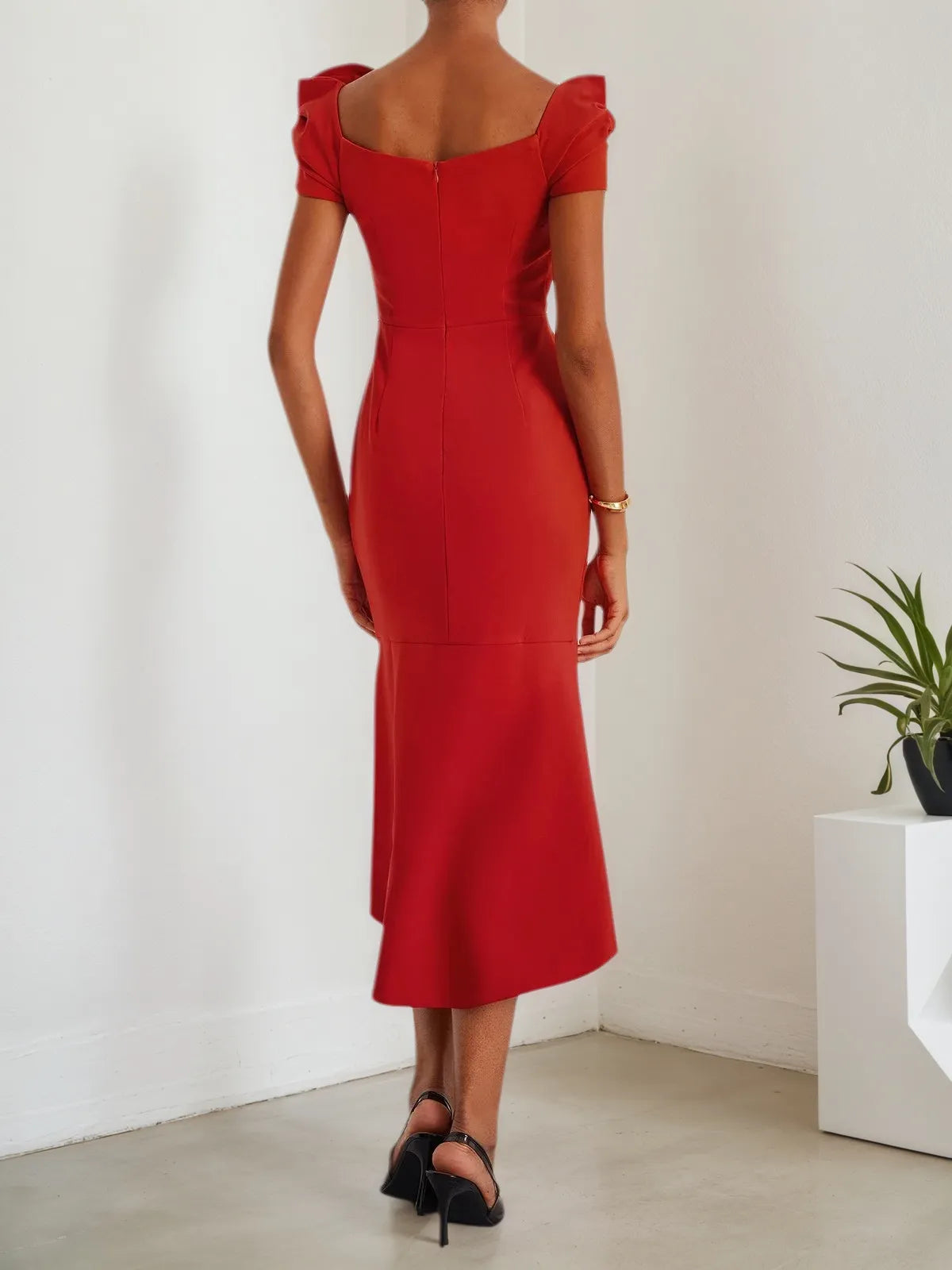 Rotes 3D-Blumen schulterfreies Meerjungfrau-Midikleid