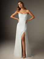 Weißes A-Linien trägerloses Chiffon Hochzeitskleid