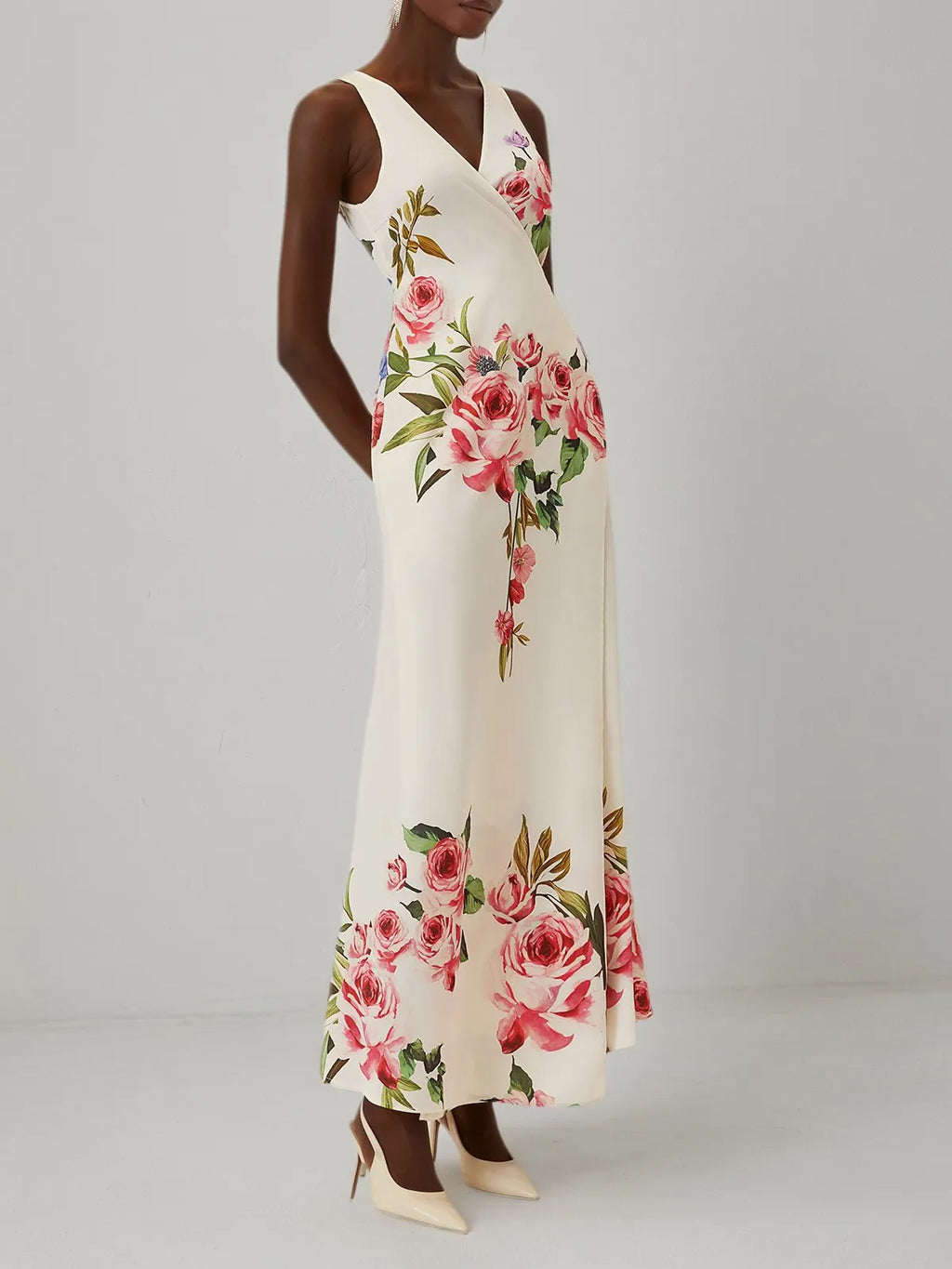 Rosa Wickelkleid mit floralem Kreuzmuster, V-Ausschnitt, ärmellos, Mermaid-Abendkleid