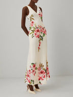Rosa Wickelkleid mit floralem Kreuzmuster, V-Ausschnitt, ärmellos, Mermaid-Abendkleid