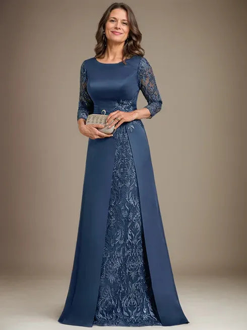 Vestido de madre de la novia largo hasta el suelo con encaje, satén, línea A, escote redondo y aplicaciones