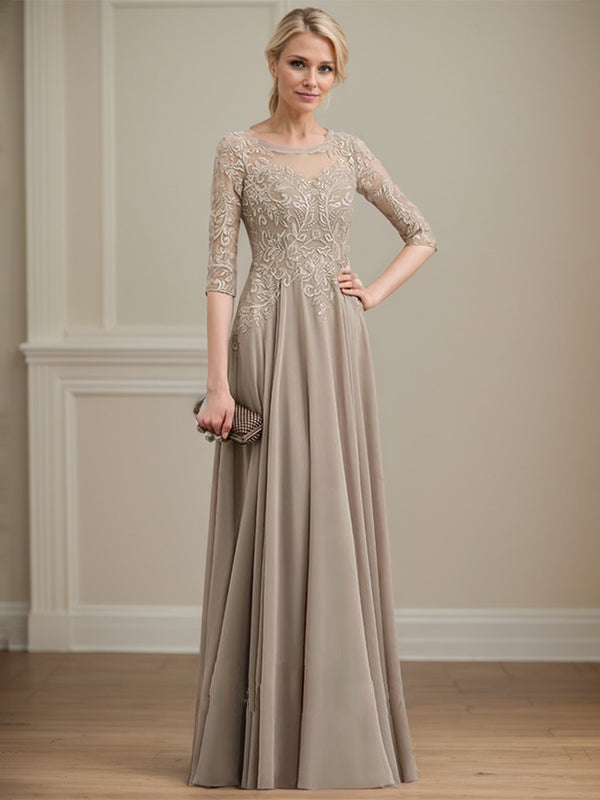 A-line Scoop Illusion Floor-Length Lace Chiffon Mother of the Bride Dress With Sequins