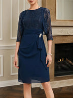 Completo due pezzi donna blu violaceo con abito in pizzo a maniche corte e scollo tondo con cappotto