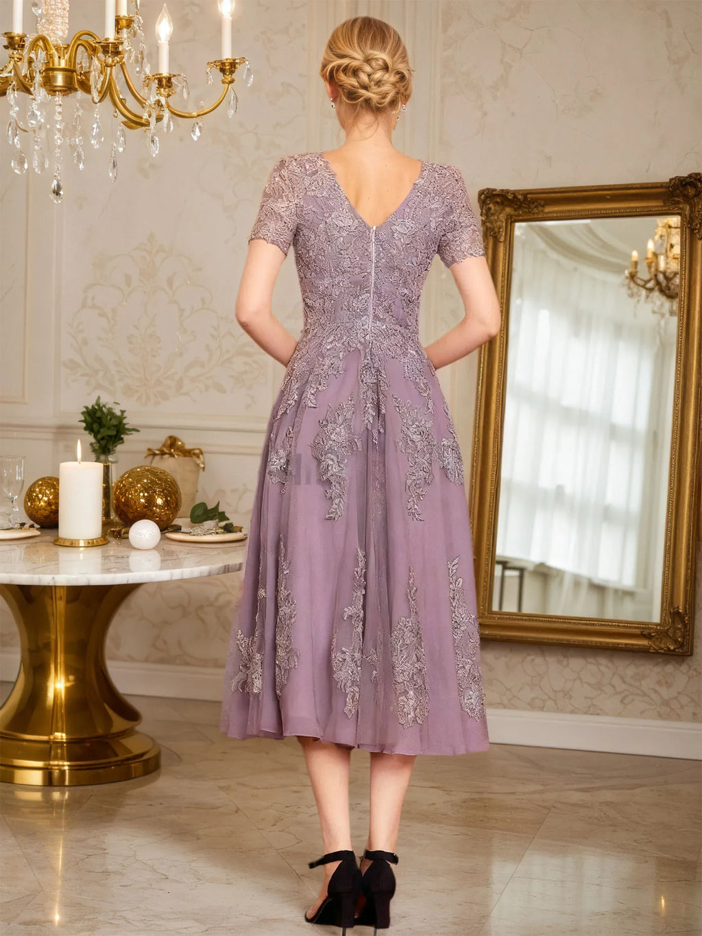 Abito da madre della sposa in chiffon a linea ad A, lunghezza tea, con scollo a U e applicazioni