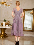Abito da madre della sposa in chiffon a linea ad A, lunghezza tea, con scollo a U e applicazioni