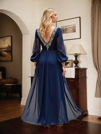 Navy A Line Long Sleeves Long Mother of the Bride Dress with Slit