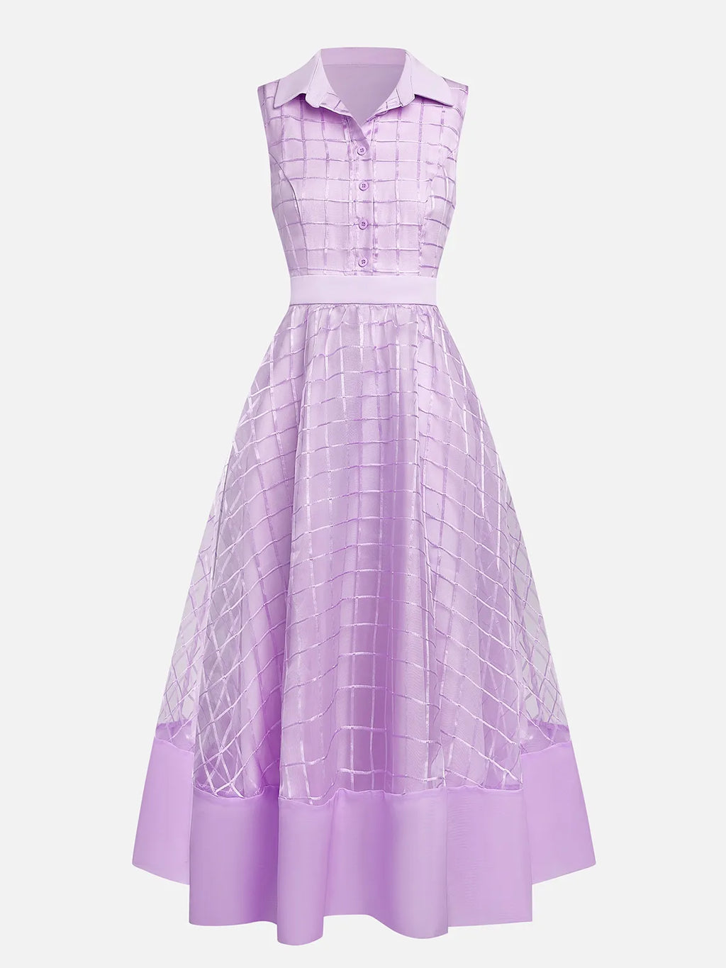 Vestido midi en línea A color lavanda púrpura con hebilla, cuello de camisa y sin mangas