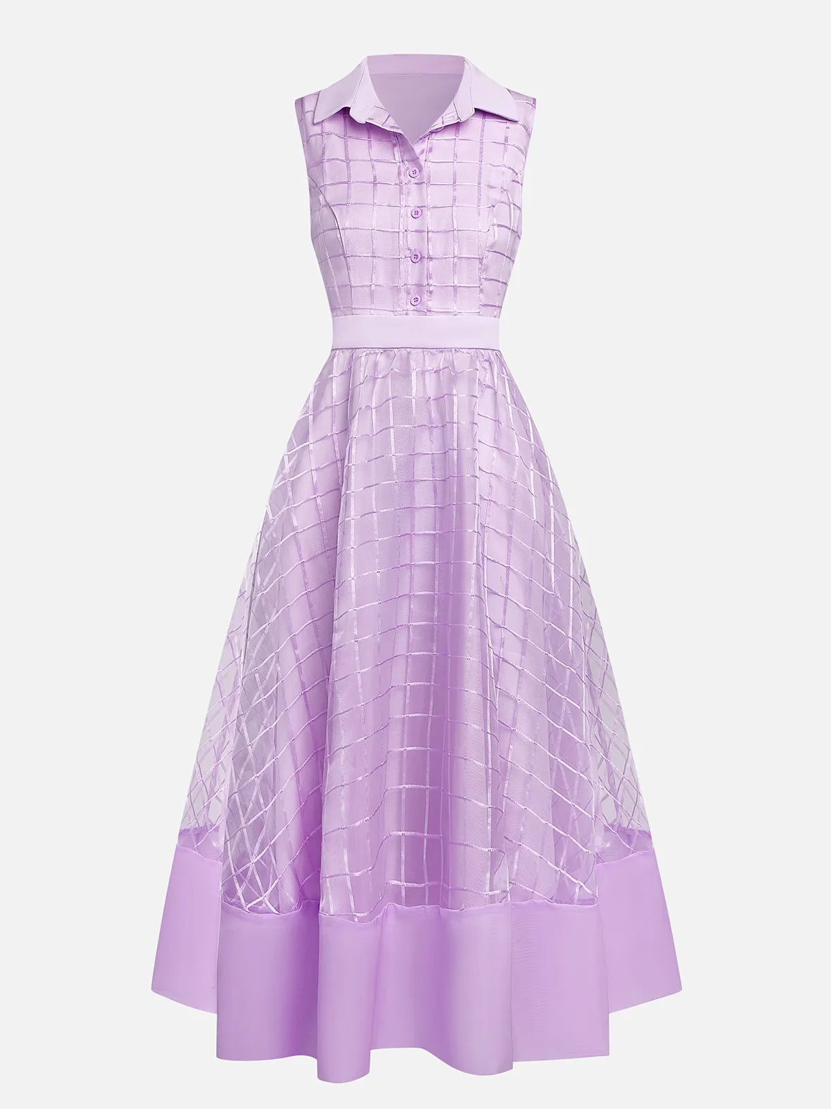 Lavendel Lila Hemdkleid mit Schnalle Hemdkragen Ärmelloses A-Linien Midikleid
