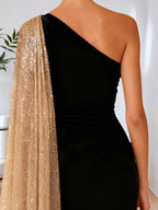 One-Shoulder Velvet & Gold Sequin Cape Maxi Gown with High Slit Formal Evening Dress