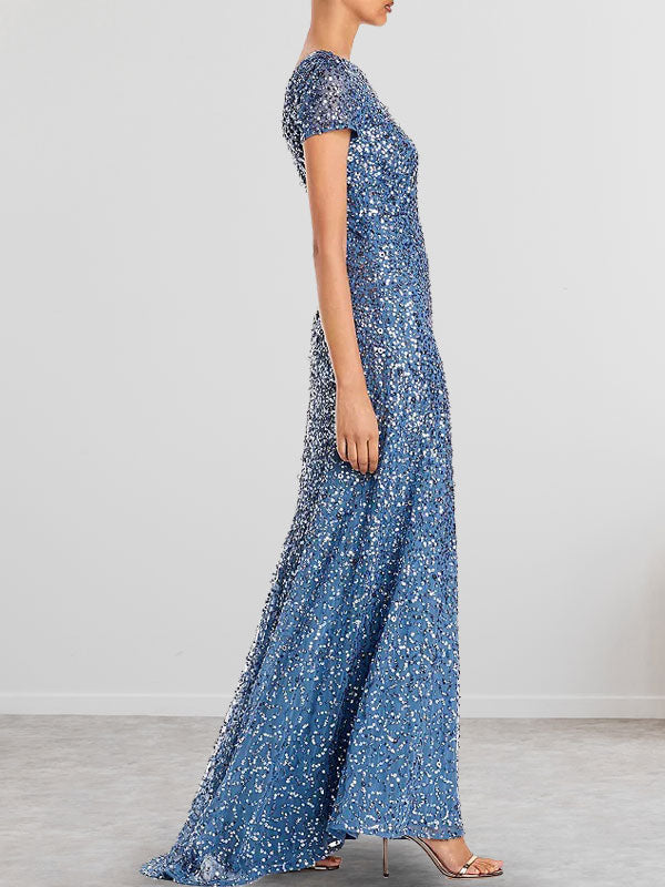 Vestido largo para madre de la novia azul polvo con lentejuelas y escote redondo ajustado
