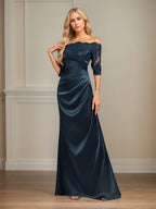 Sheath/Column Off the Shoulder Floor-Length Lace Stretch Satin Evening Dress With Pleated