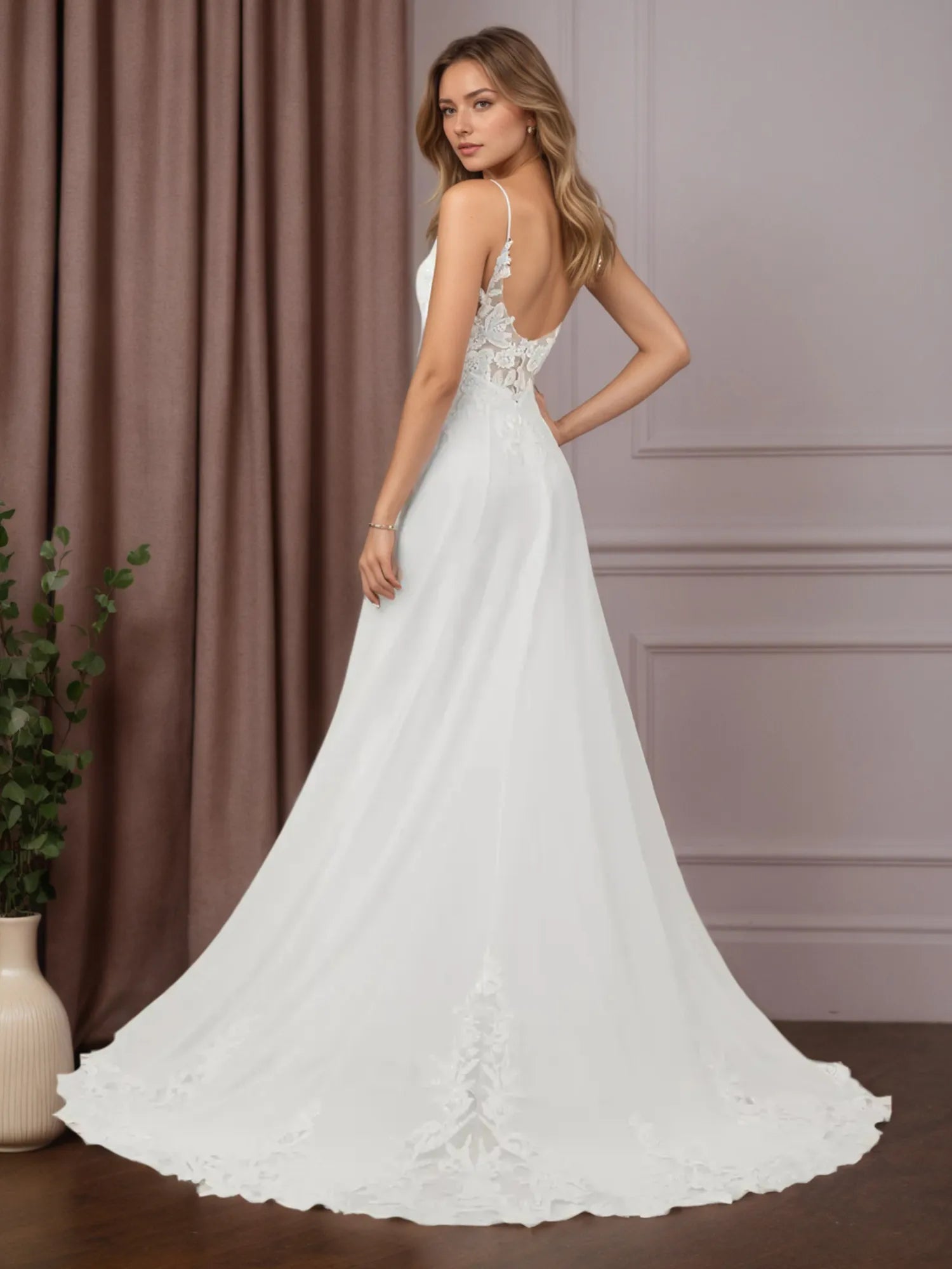 Abito da sposa bianco in chiffon a linea ad A con scollo a V e senza maniche, con paillettes