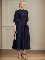 A-Linien Kleid mit hohem Kragen, tea-länge, Spitze und Chiffon, Brautmutterkleid mit Schleife