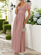 Rosa gerafftes Chiffon-Maxikleid mit Schnürung, quadratischem Ausschnitt, Trägern und Glockenärmeln im A-Linien-Stil
