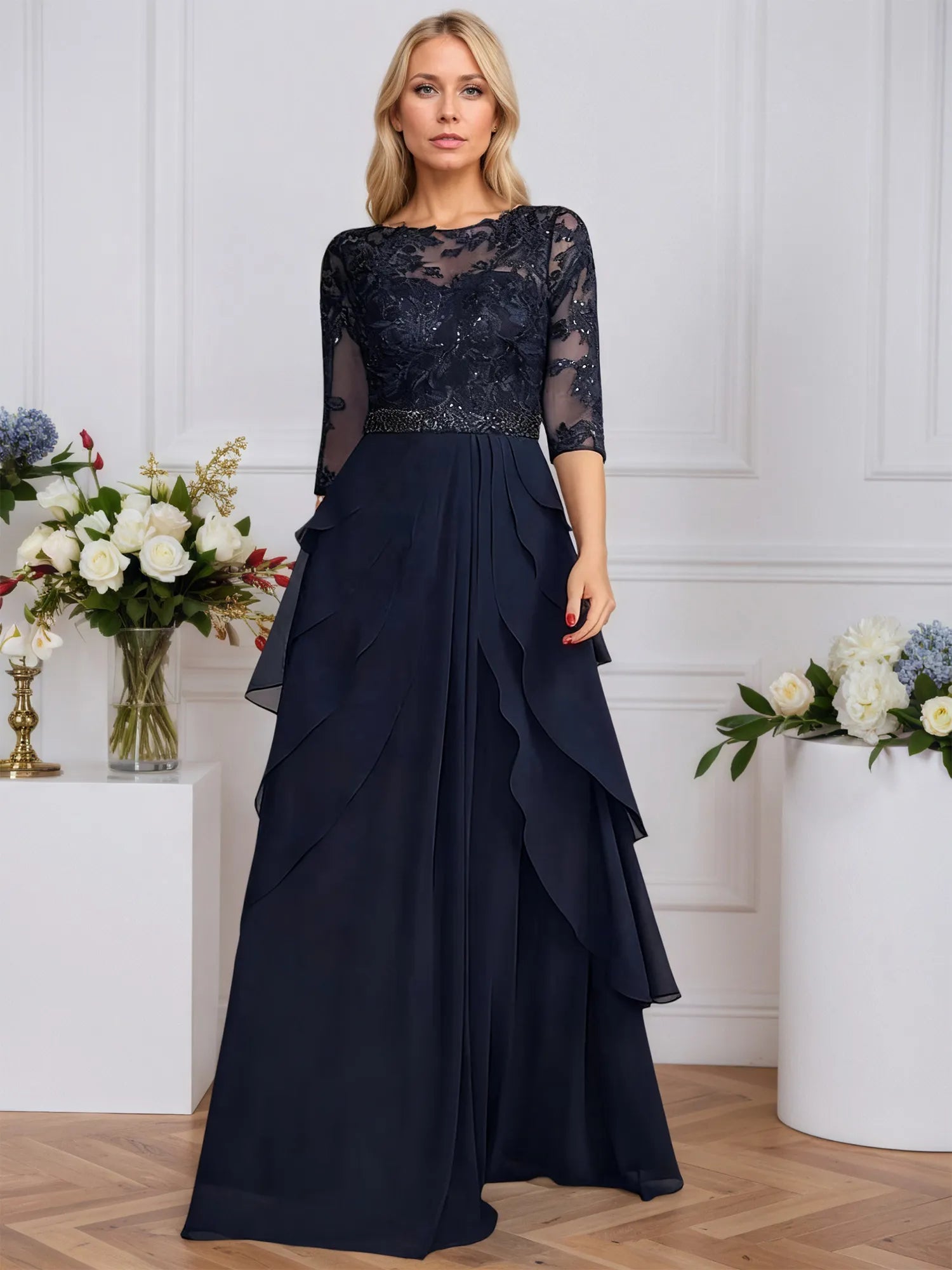 A-Linien Rundhals Illusions-Bodenlanges Chiffon Brautmutterkleid mit Pailletten und Perlenstickerei
